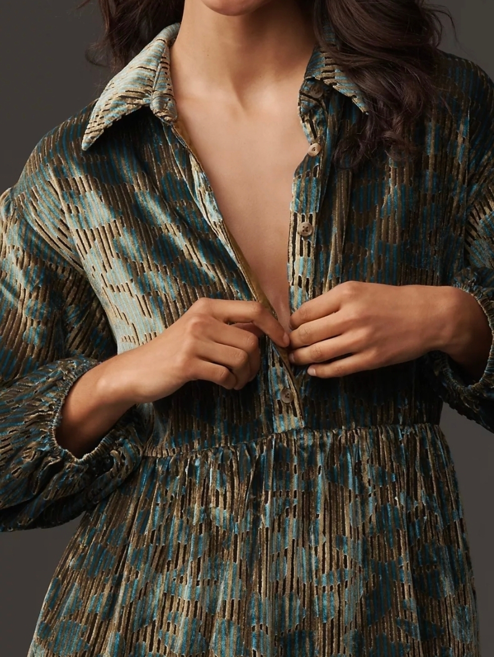 Anthropologie Bettina Velvet Floral Shirt Dress - Picture 3 of 8